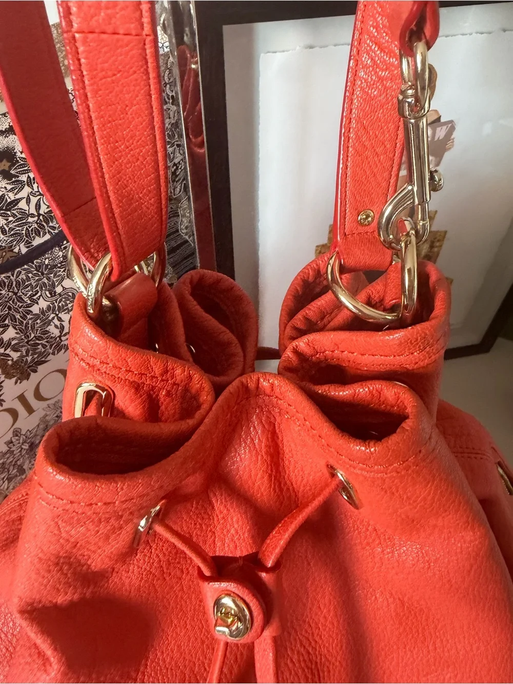 Coach Turnlock Tie Bucket Bag – Coral Pebbled Leather Drawstring Shoulder Bag